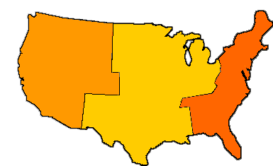 US map with links to tour dates by region.